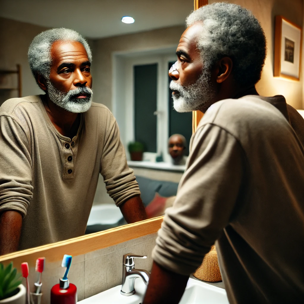 senior black man looking in a mirror