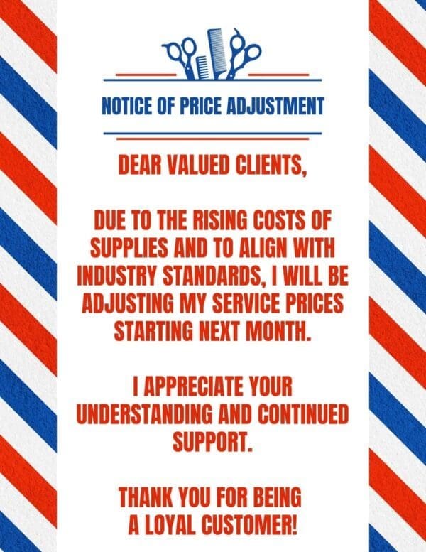 barbershop price adjustment sign