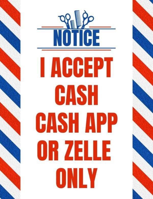 barbershop cash, cash app and Zelle sign