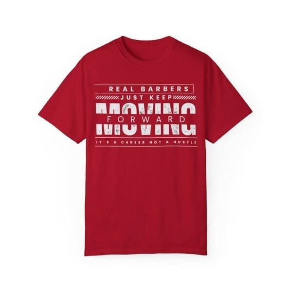 a red barber t-shirt with white text