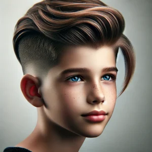 a young boy with a undercut haircut with a comb over