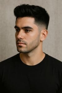 man with black hair and quiff fade haircut