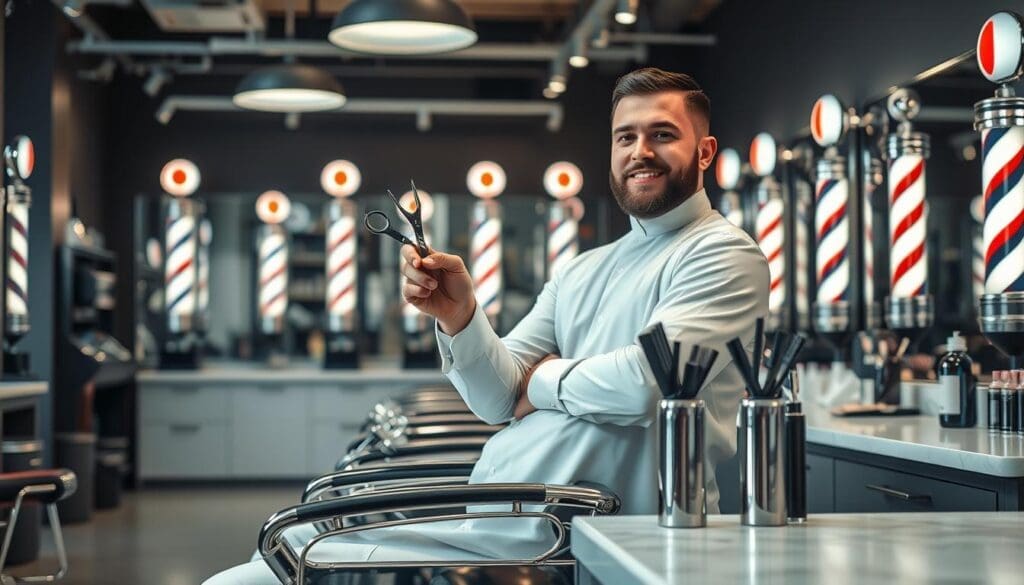 A well-lit barbershop interior, with a modern, minimalist aesthetic. In the foreground, a professional barber standing behind a sleek chrome styling chair, holding a pair of sharp scissors and a comb, ready to provide a personalized haircut. The barber's uniform is crisp and clean, conveying a sense of expertise and attention to detail. In the middle ground, the shop features high-quality grooming tools, neatly arranged on a marble countertop. The background showcases a wall of vintage-inspired barber poles, casting a warm, inviting glow throughout the space. The overall mood is one of confidence, precision, and a commitment to delivering an exceptional haircut experience.