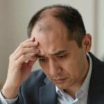 A thoughtful close-up of a young man, around 30 years old, experiencing hair loss. He has short, thinning hair and a contemplative expression, dressed in a smart casual outfit to reflect a professional look. The foreground highlights his face, capturing the nuances of worry and determination. In the middle ground, a blurred reflection of a mirror subtly hints at the struggle against hair loss, while in the background, soft, neutral tones create an intimate atmosphere—perhaps a cozy office setting with plants and natural light filtering through a window. The lighting is warm yet soft, enhancing the emotional depth of the scene, with a focus on the man's gaze as he contemplates solutions to regain his confidence.